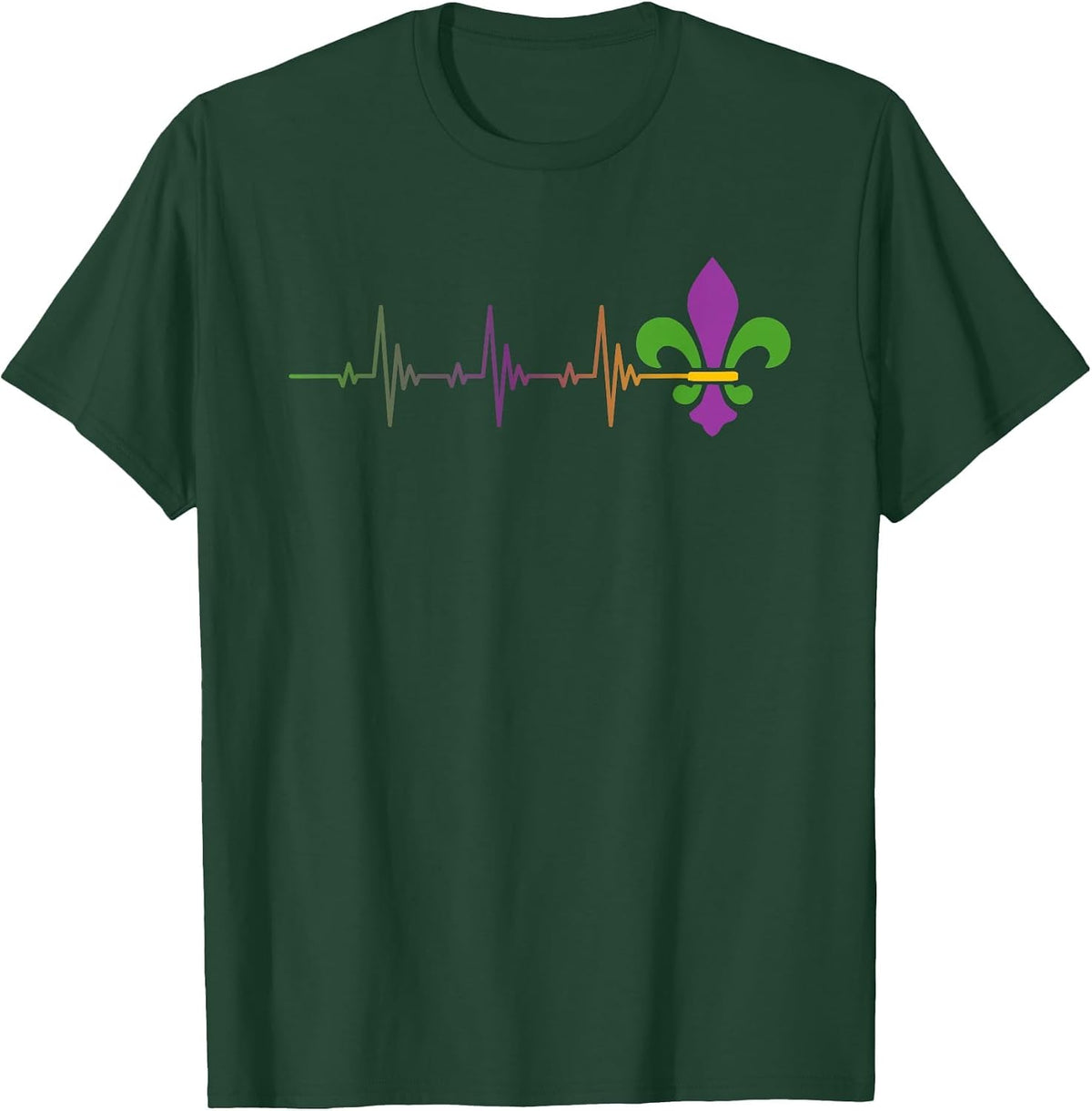 Heartbeat Mardi Gras - EKG Pulse Line Fleur-De-Lis Parade T-Shirt - Dark Green