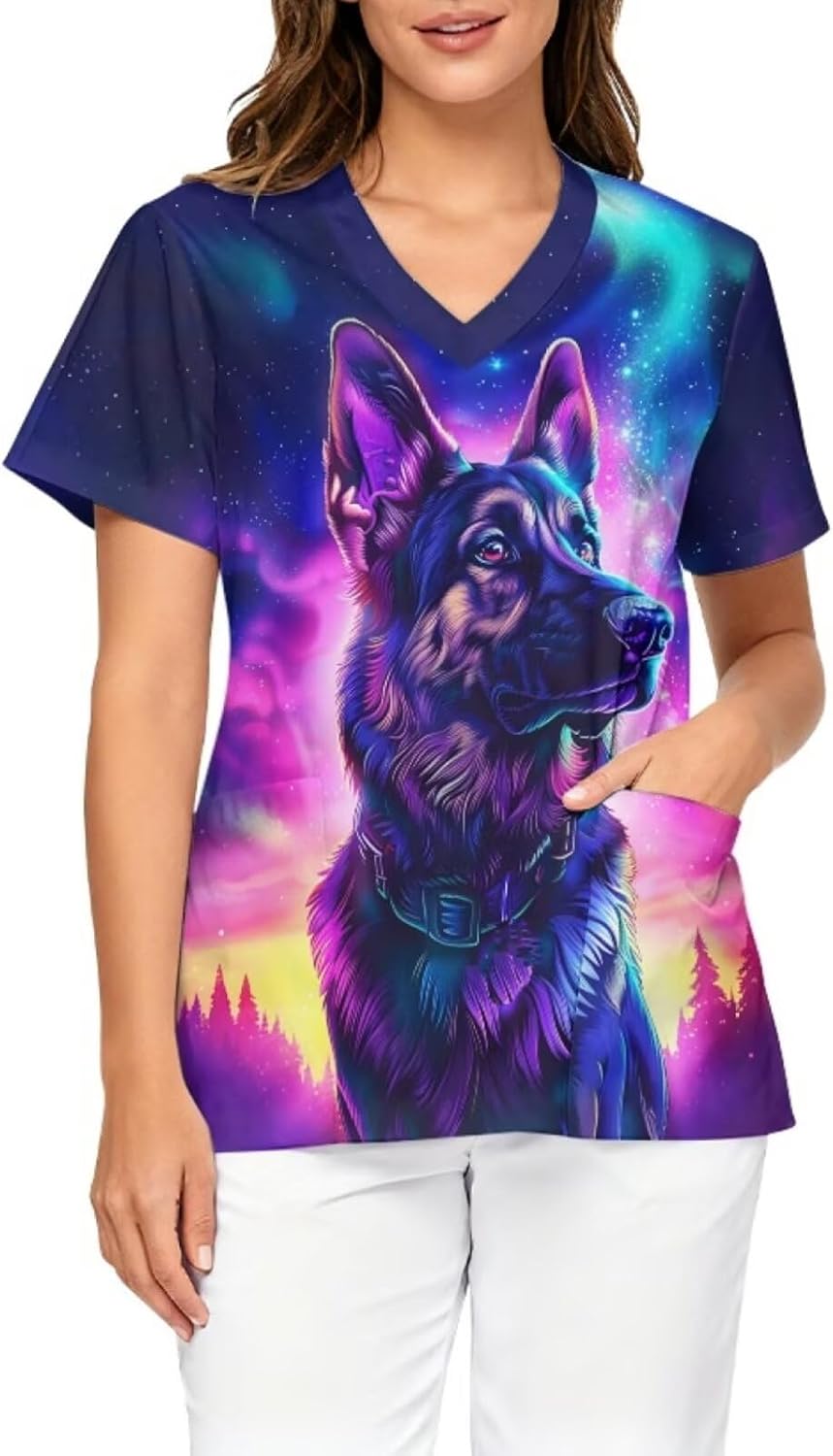 Veterinarian Scrub Tops for Women V Neck Stretchy Nursing Uniforms - German Shepherd