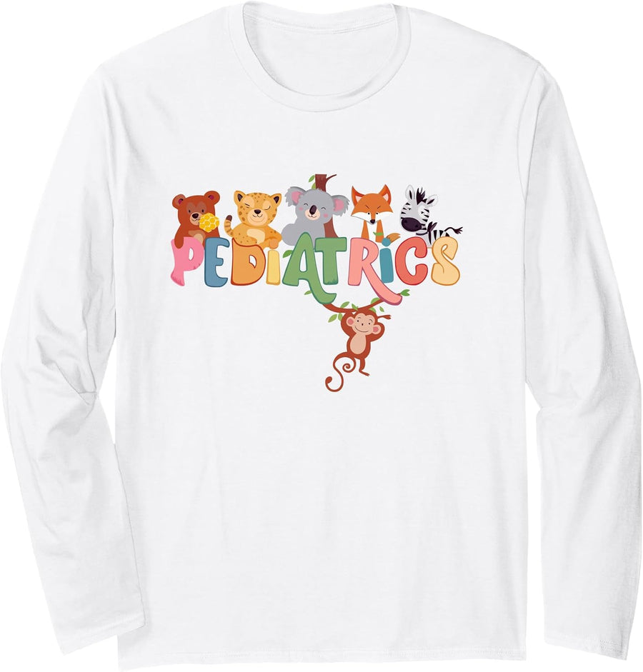 Pediatric Nurse PEDS Nursing Appreciation Pediatric Animal Long Sleeve T-Shirt - Adult Unisex White