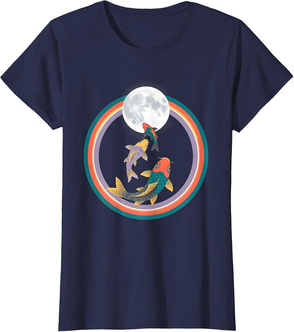 Women's Three Koi Fish Moon Flat Vector Animal Meme Parody T-Shirt - Navy Blue