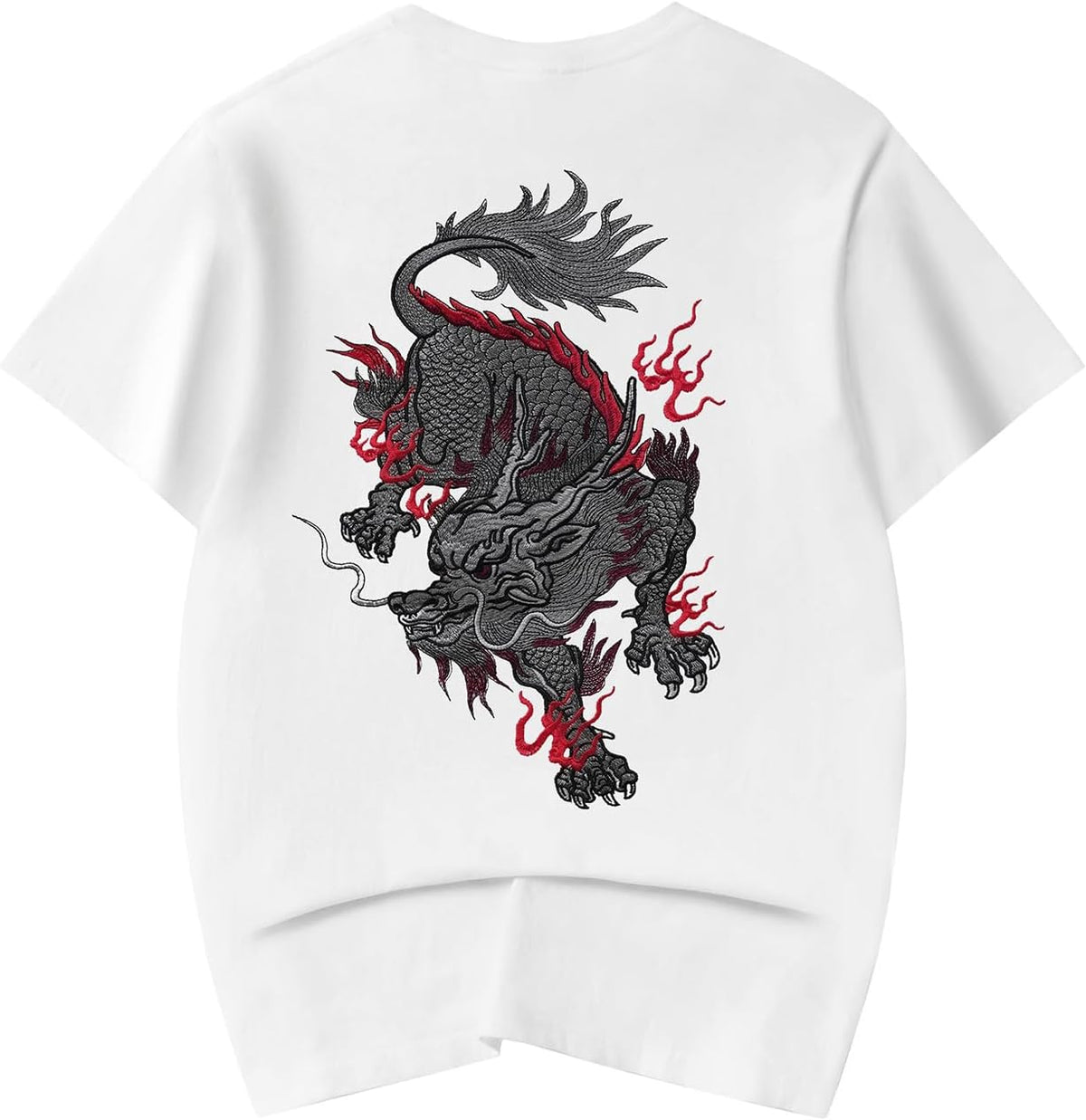 Niepce Inc Japanese Streetwear Embroidery Graphic Tees Men - White-fire Kirin