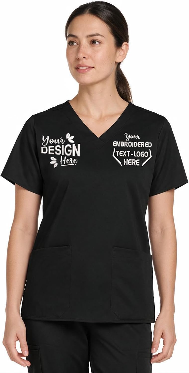 Custom Embroidered Women’s Workflex V-Neck Scrub Top – Add Your Name, Logo & Design - Black