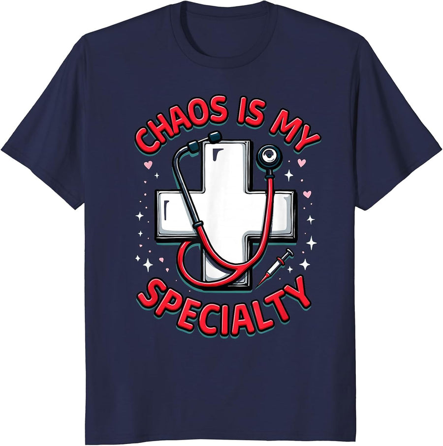 Chaos Is My Specialty ER Nurse Design T-Shirt - Navy Blue