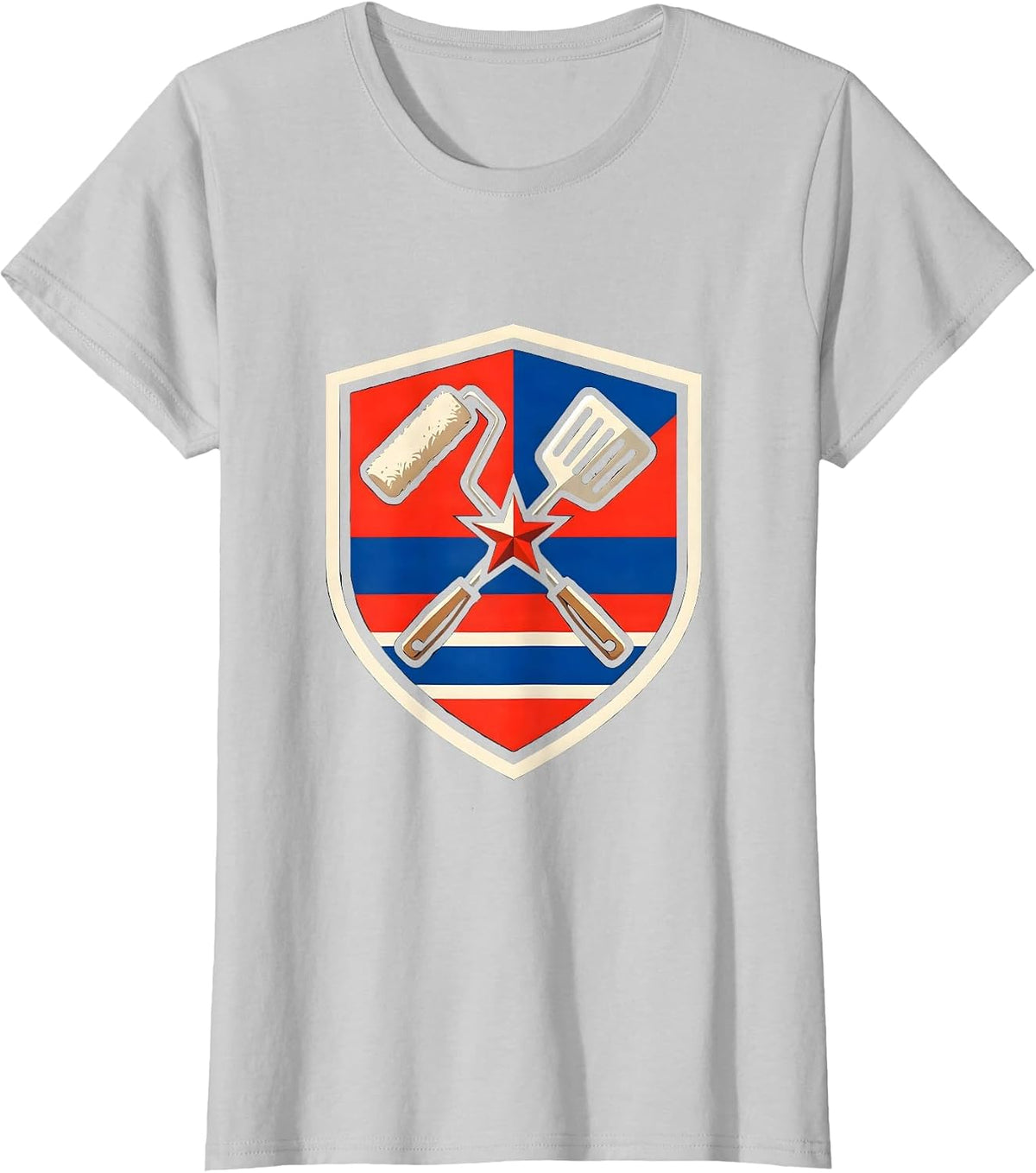 Women's Varsity Shield Paint Roller BBQ Spatula Labor Day Patriotic T-Shirt - Silver Grey
