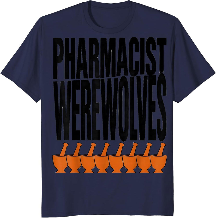 Pharmacist Werewolves Brutalist Graphic Halloween Pharmacy T-Shirt - Navy Blue