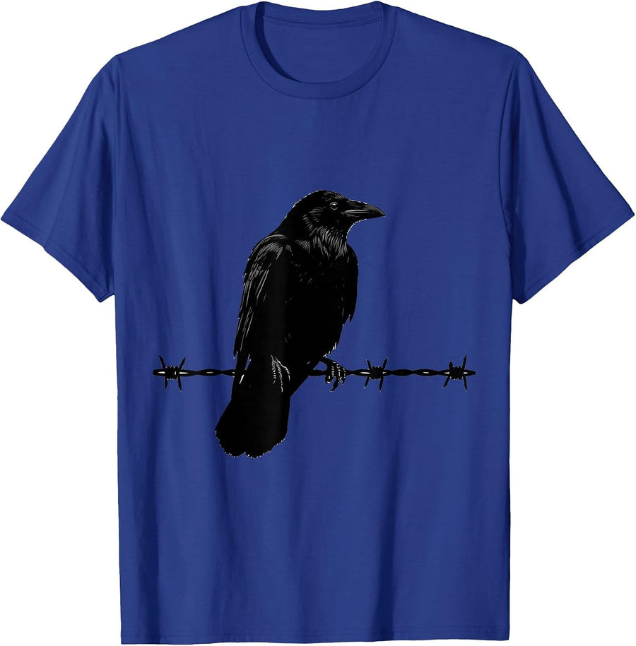 Crow Perched on Barbed Wire Fence Illustration T-Shirt - Royal Blue