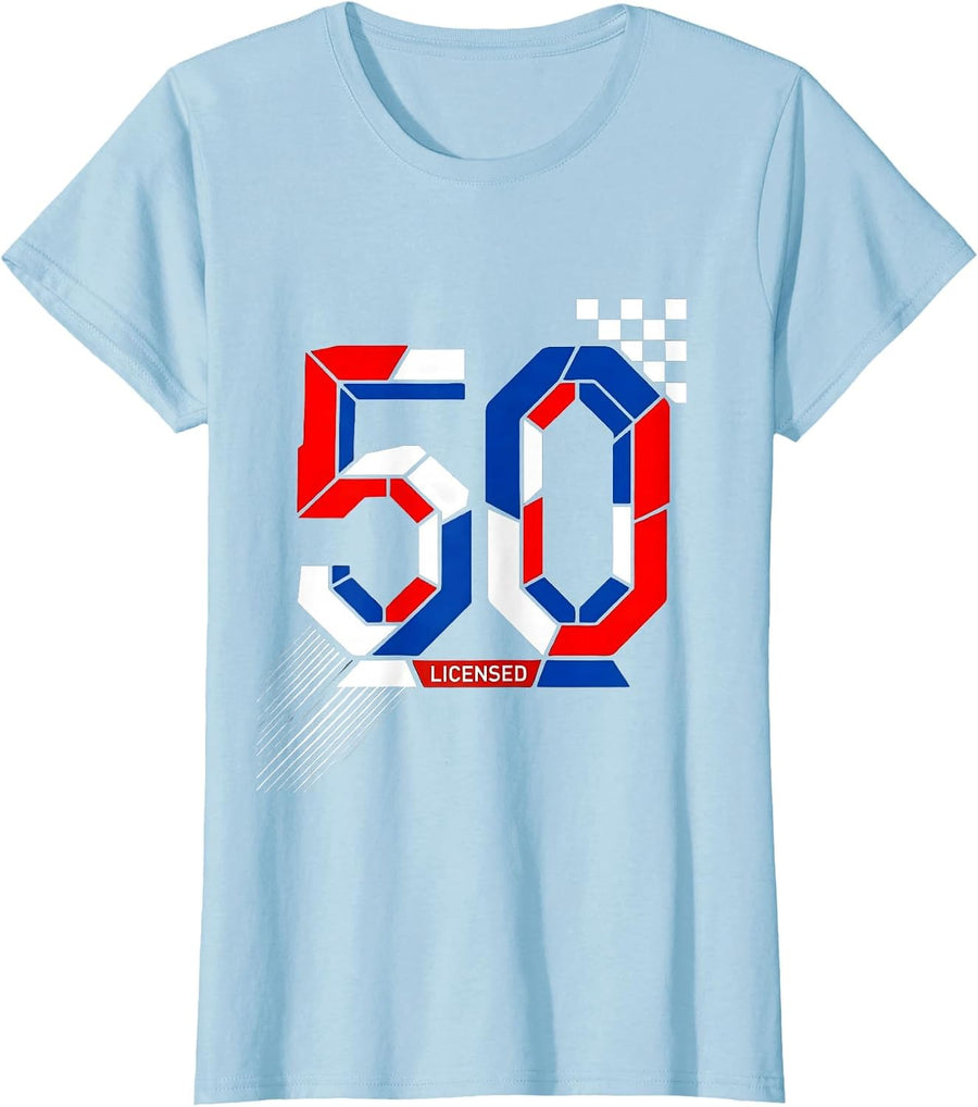Women's LICENSED 50 Vintage Milestone Birthday Age Badge Racing T-Shirt - Baby Blue