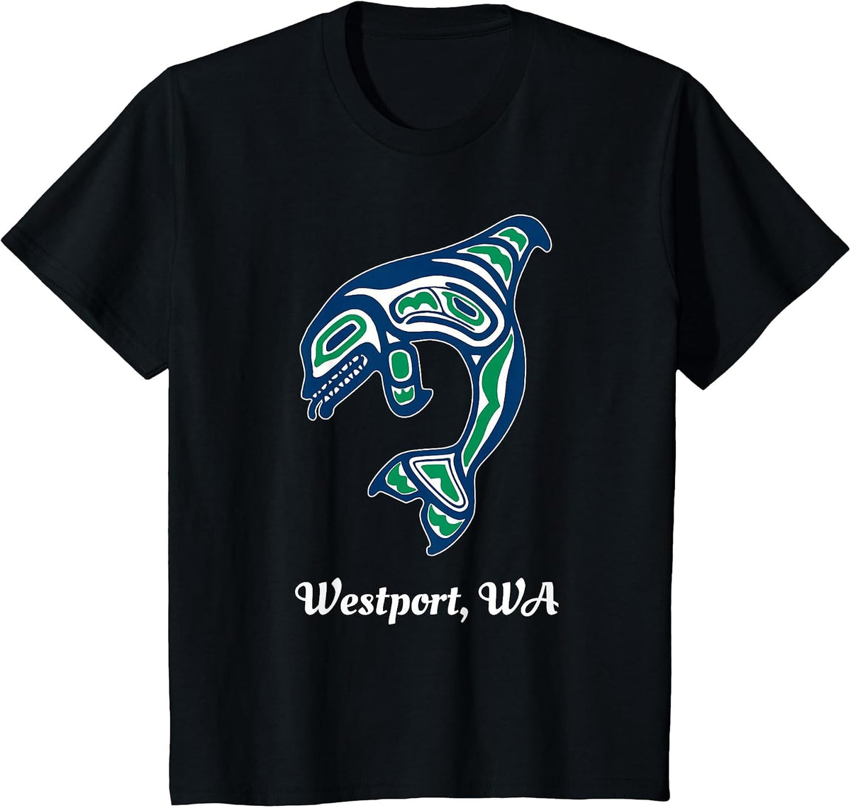 Blue Green Native American Westport WA Orca Killer Whale T-Shirt - Black