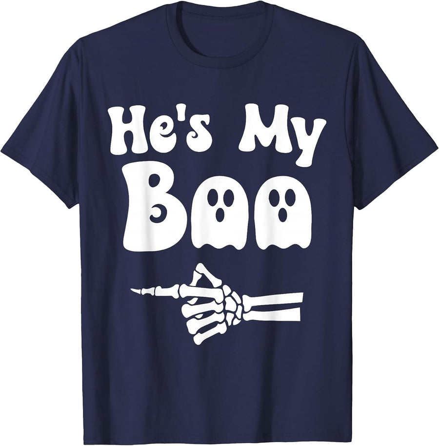 He's My Boo Matching Halloween Pajama Couples He's My Boo T-Shirt - Navy Blue
