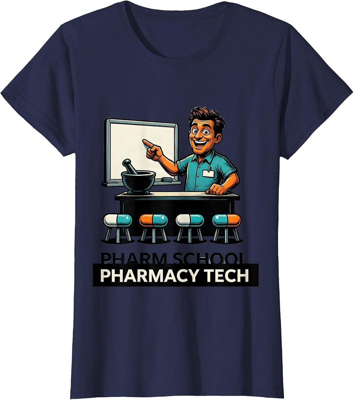 Women's Pharm School Pharmacy Tech Funny Pharmacy Technician Cartoon T-Shirt - Navy Blue