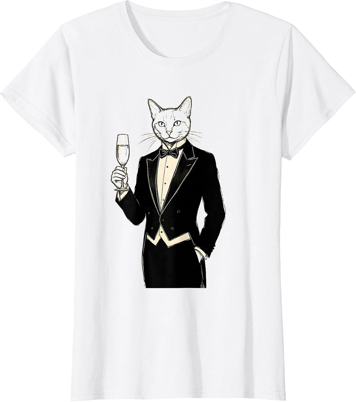 Fancy Cat in Tuxedo with Champagne Glass T-Shirt - White