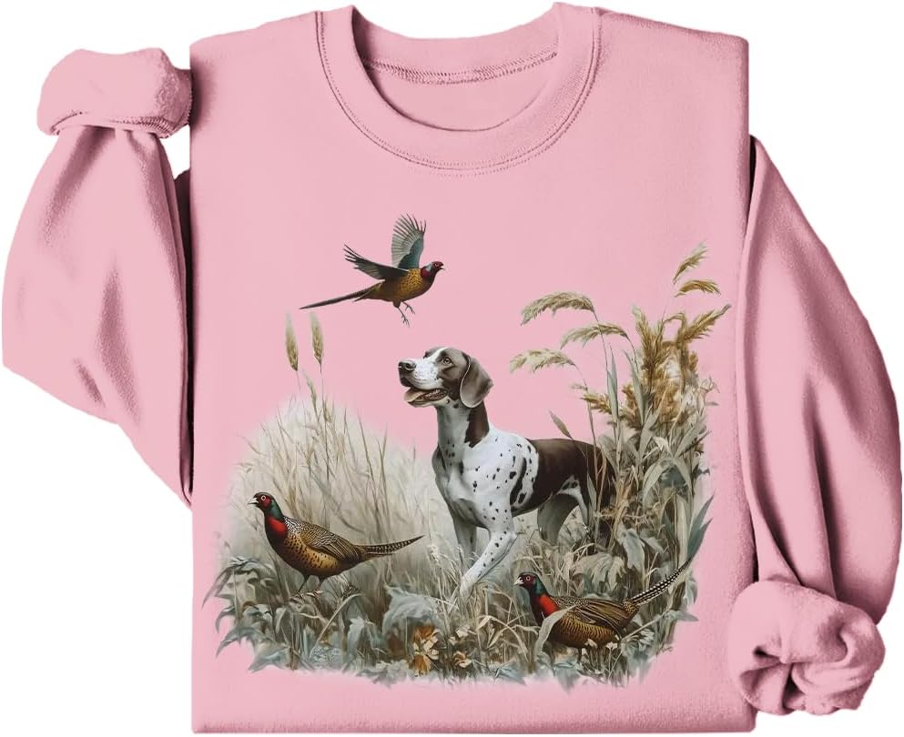 Retro German Shorthaired Pointer Dog & Pheasants Sweatshirt, 90s Vintage GSP Ring-Necked Hunter Sweatshirt - Pink