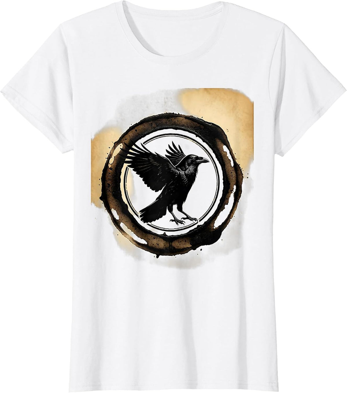 Crow Silhouette Coffee Ring Stain Graphic T-Shirt - White