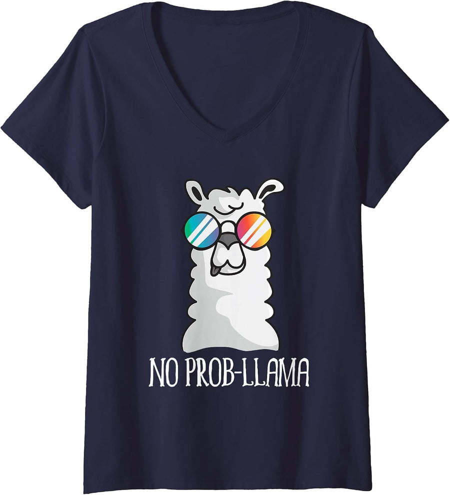 Women's No Prob-Llama No Problem Cute Funny Cool Llama Alpaca V-Neck T-Shirt - Navy Blue