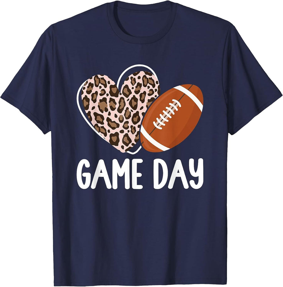 Football Game Day Womens Leopard Cheetah Game Day Football T-Shirt - Navy Blue