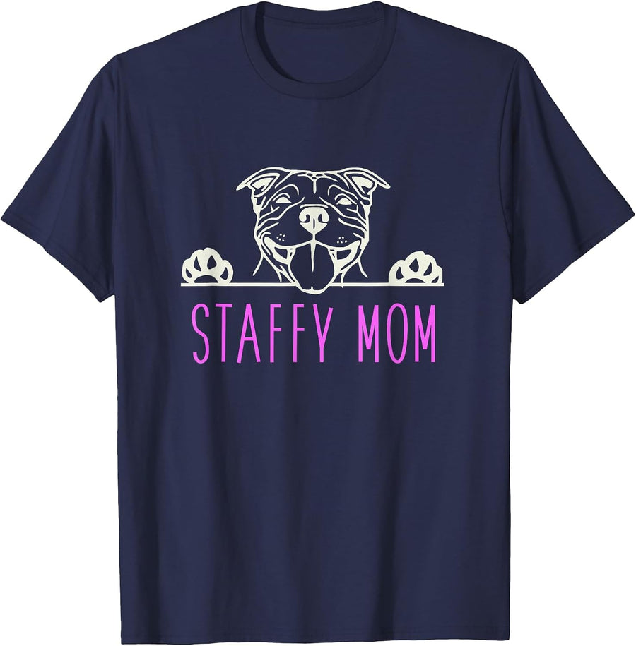 Staffy Mom with Staffordshire Bull Terrier Dog T-Shirt - Navy Blue