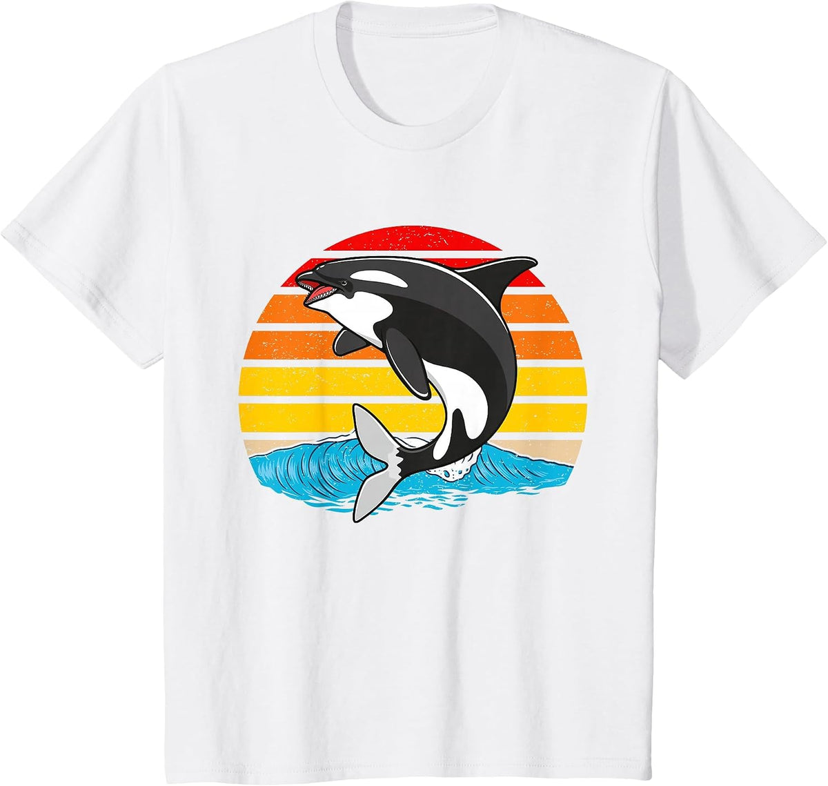 Orca Killer Whale Animated Vintage Retro Tees T Shirts with Waves and Sunset - White