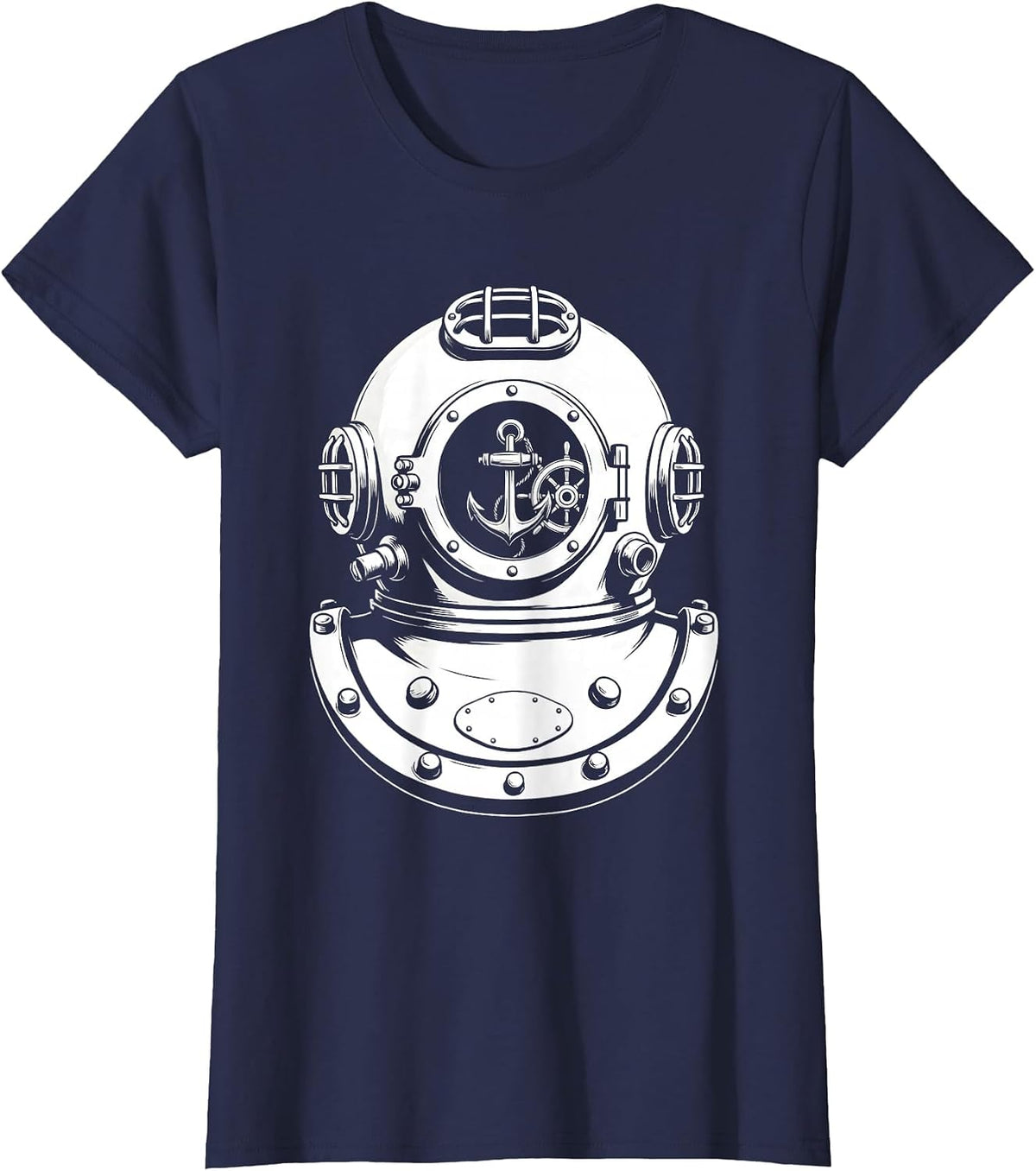 Women's Vintage Diving Helmet Porthole Reflection Sailor T-Shirt - Navy Blue