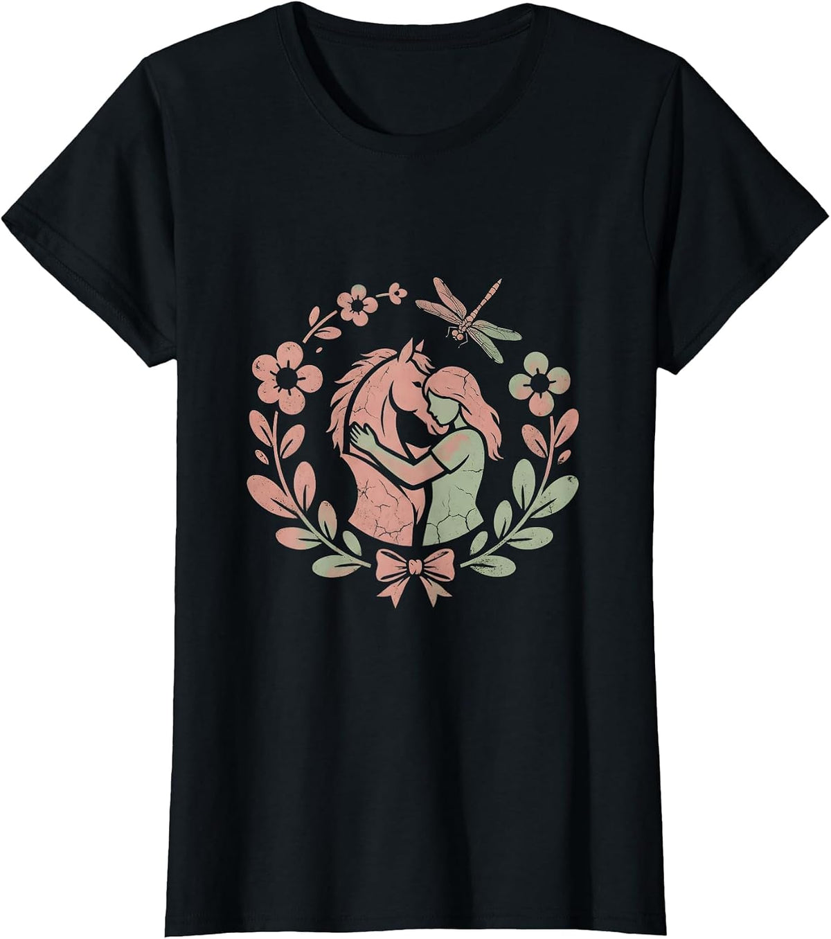 Girl and Horse Stable Embrace Illustration T-Shirt - Black