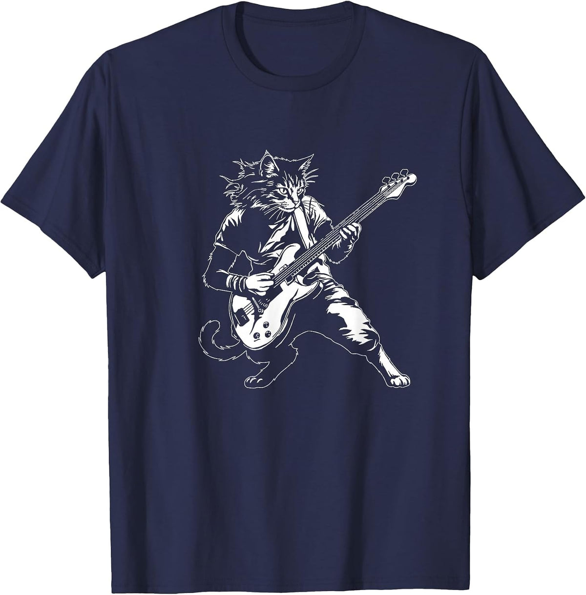 Funny Cat Playing Bass Guitar Rock Music Lover Musician T-Shirt - Navy Blue
