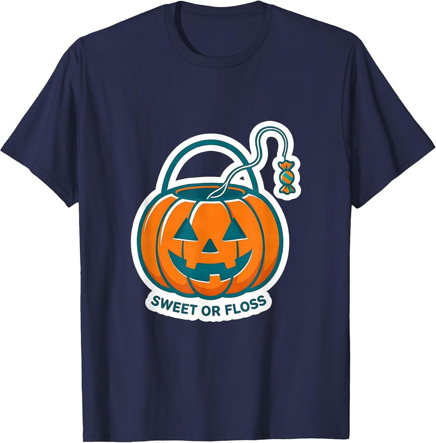 Sweet Or Floss Funny Dental Hygienist Halloween Work T-Shirt - Navy Blue