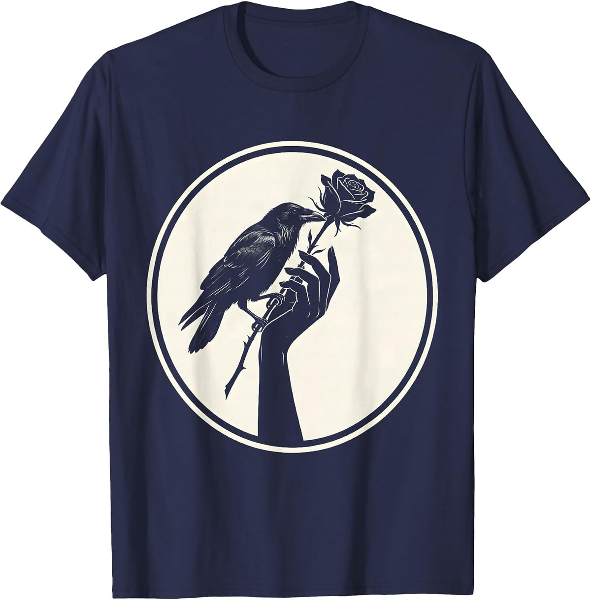 Men's Crow and Rose Hand Offering Nature Art T-Shirt - Navy Blue