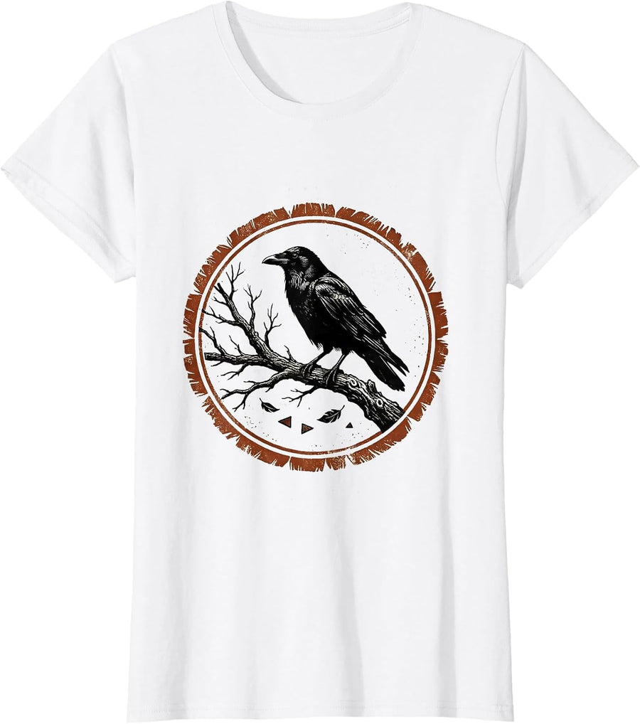 Women's Crow on Bare Branch Fall Gothic Nature Art T-Shirt - White