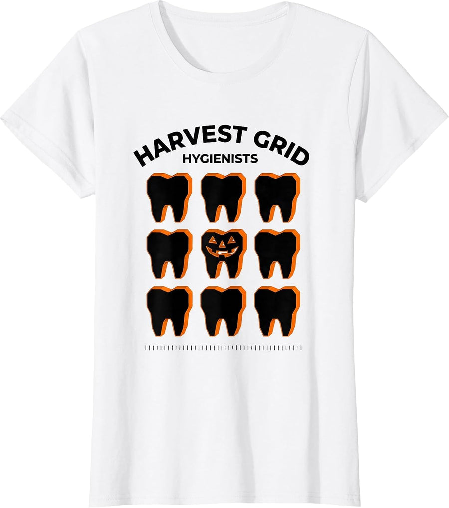 Women's Harvest Grid Hygienists Funny Dental Hygienist Halloween T-Shirt - White