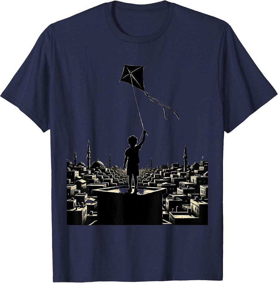 Palestine Child Kite Flying Over Rooftops Art T-Shirt - Navy Blue