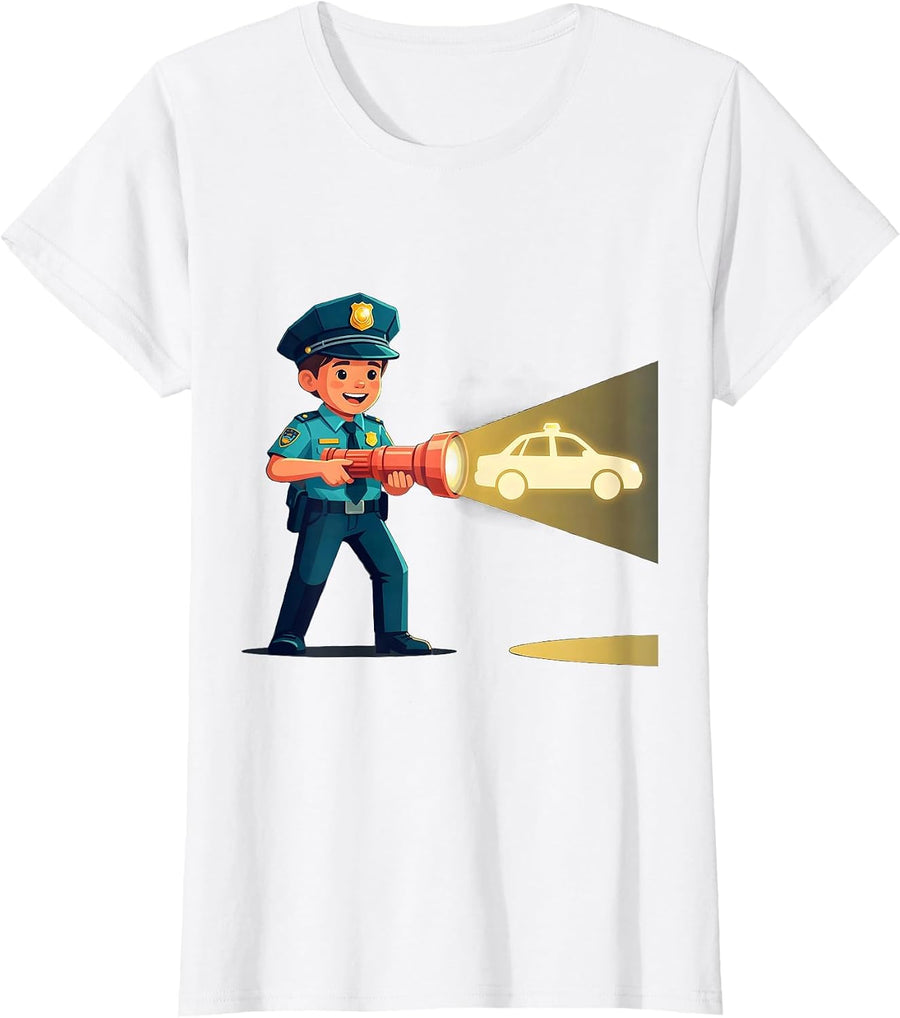 Women's Police Officer Toy Flashlight Flat Vector Kids Humor T-Shirt - White