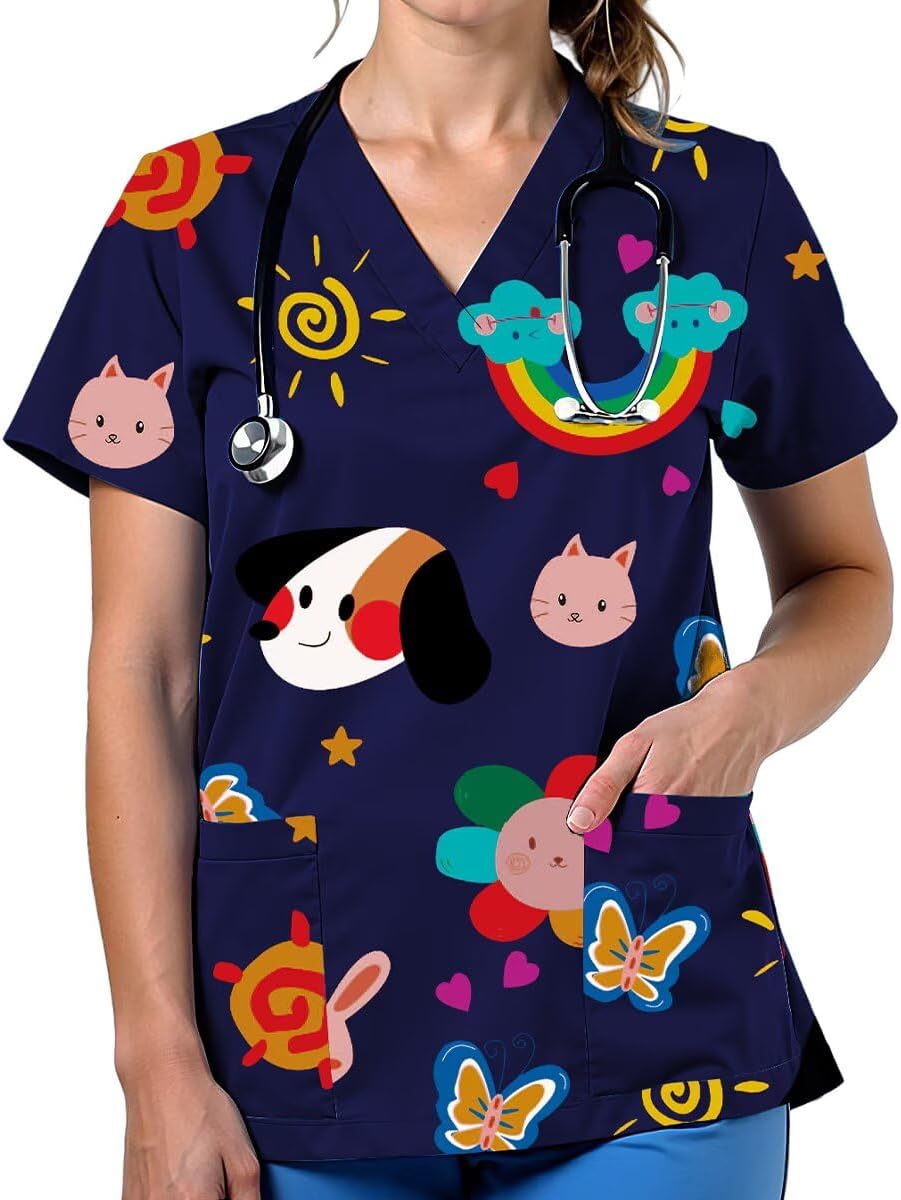 Scrubs for Women Cute Printed V Neck Scrub Top Nurse Shirt - D3268-navyblue
