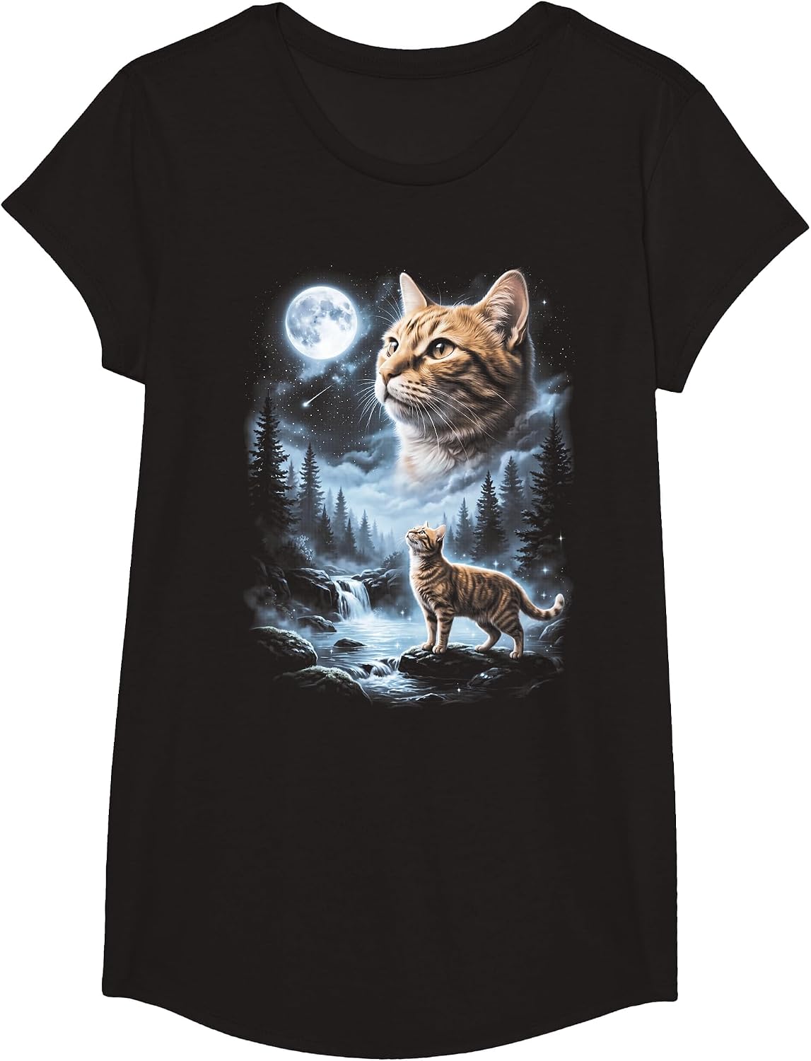 Orange Tabby Cat Howling at Moon 90's Retro T-Shirt - Girls Black