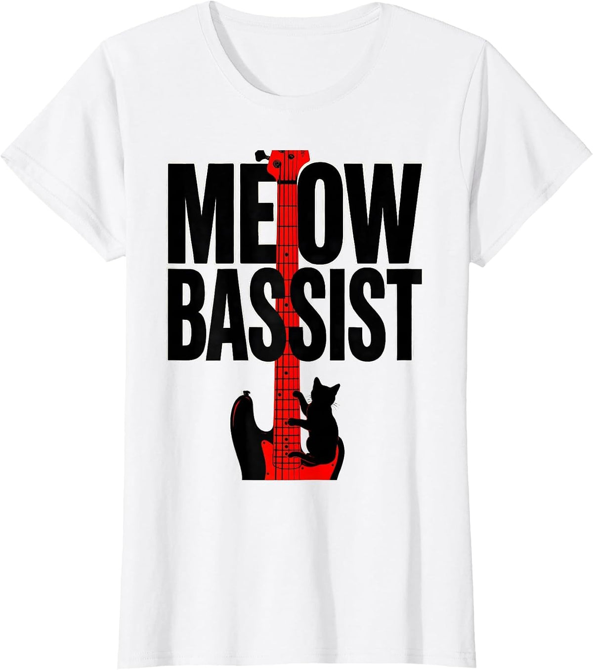 Women's Meow Bassist Funny Cat Rock Music Bass Guitar Humor T-Shirt - White