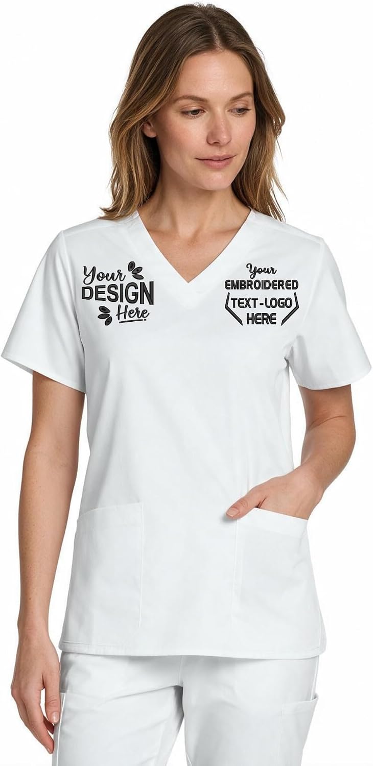 Custom Embroidered Women’s Workflex V-Neck Scrub Top – Add Your Name, Logo & Design - White