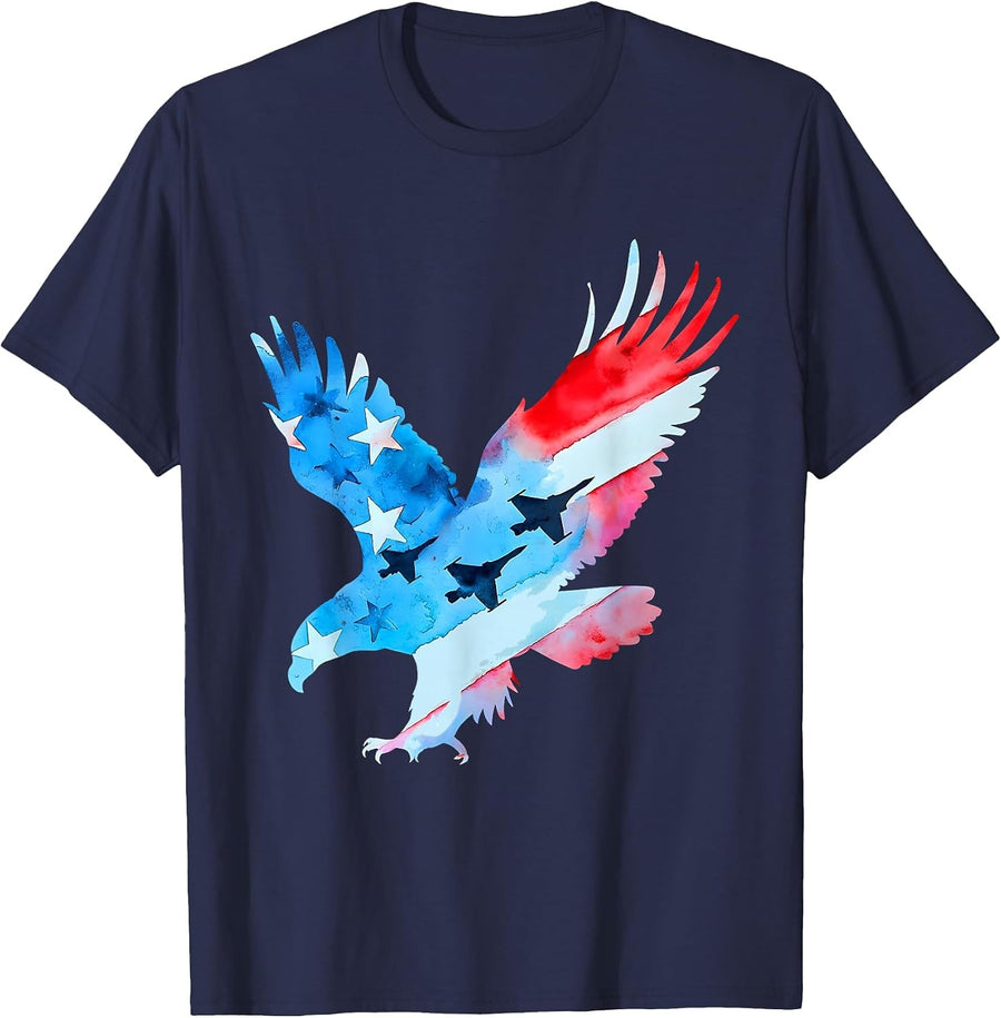Patriotic Eagle American Airplane USA Flag 4th of July T-Shirt - Navy Blue