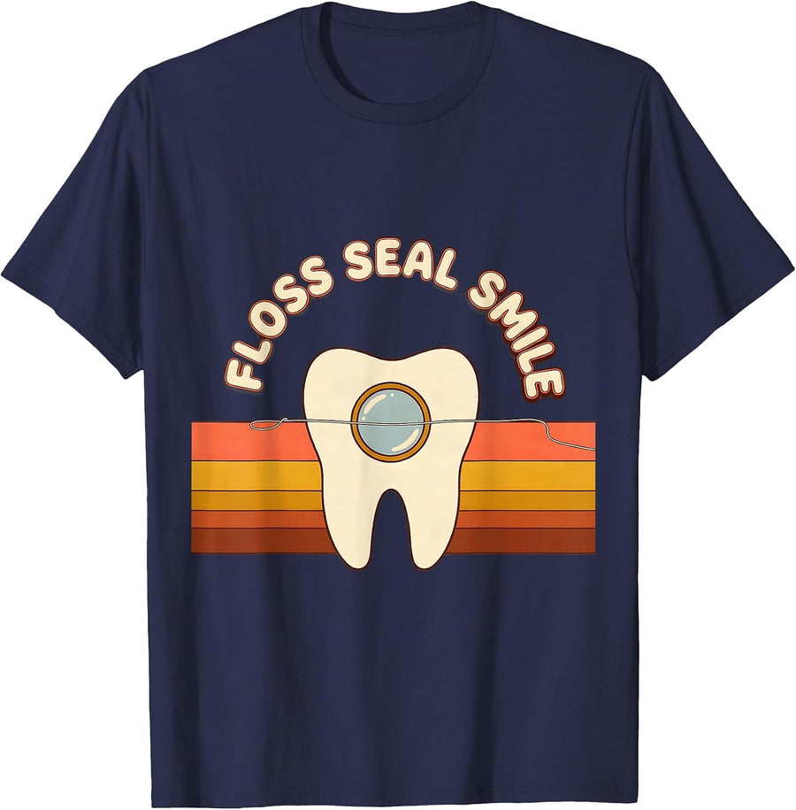 Floss Seal Smile Retro 70s Dental Hygienist Humor T-Shirt - Navy Blue
