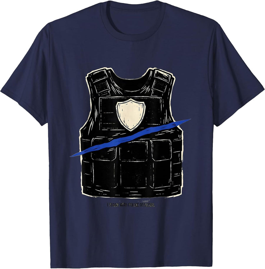 I Stand With Police Officers Thin Blue Line Family Tribute T-Shirt - Navy Blue