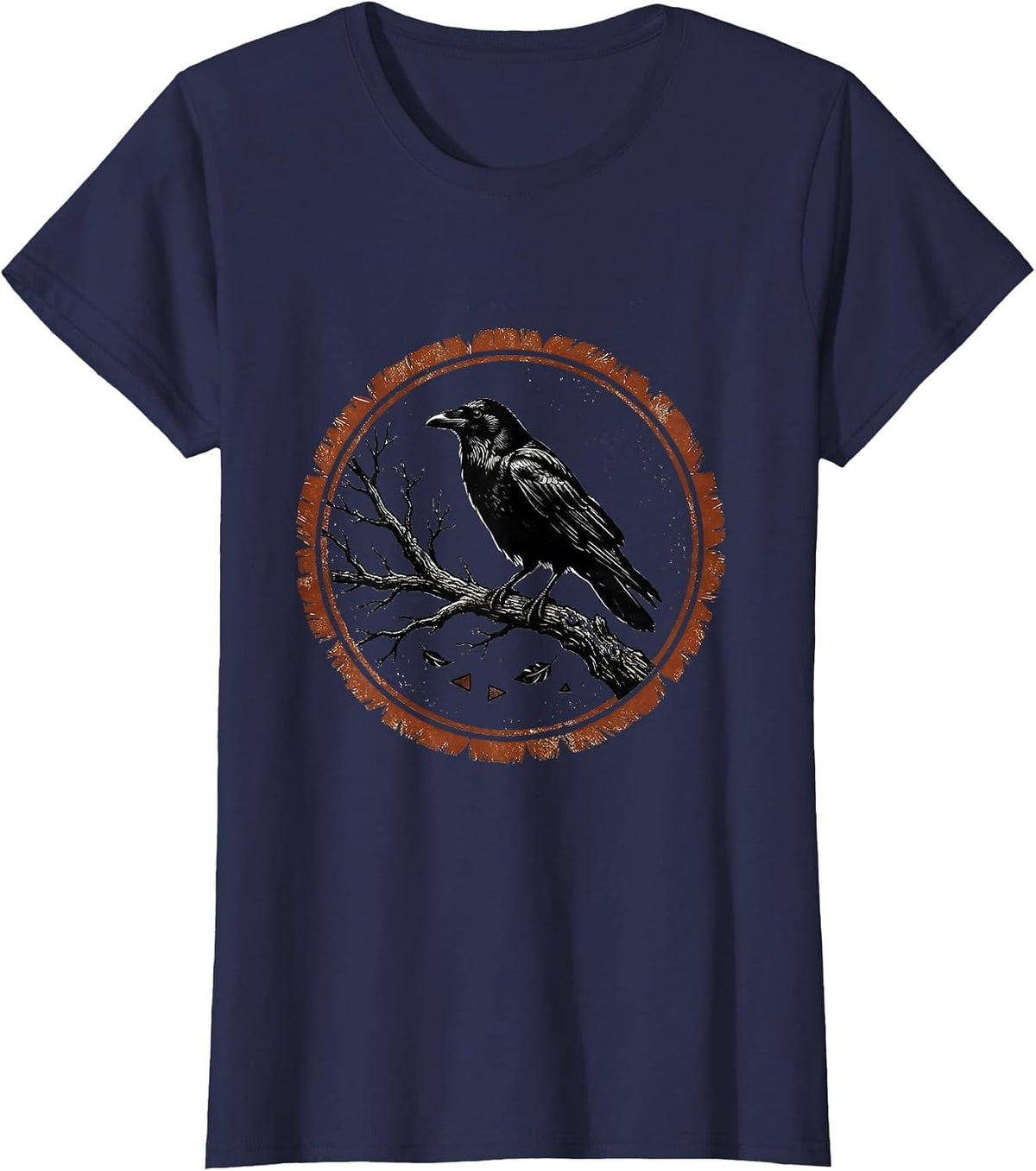 Women's Crow on Bare Branch Fall Gothic Nature Art T-Shirt - Navy Blue