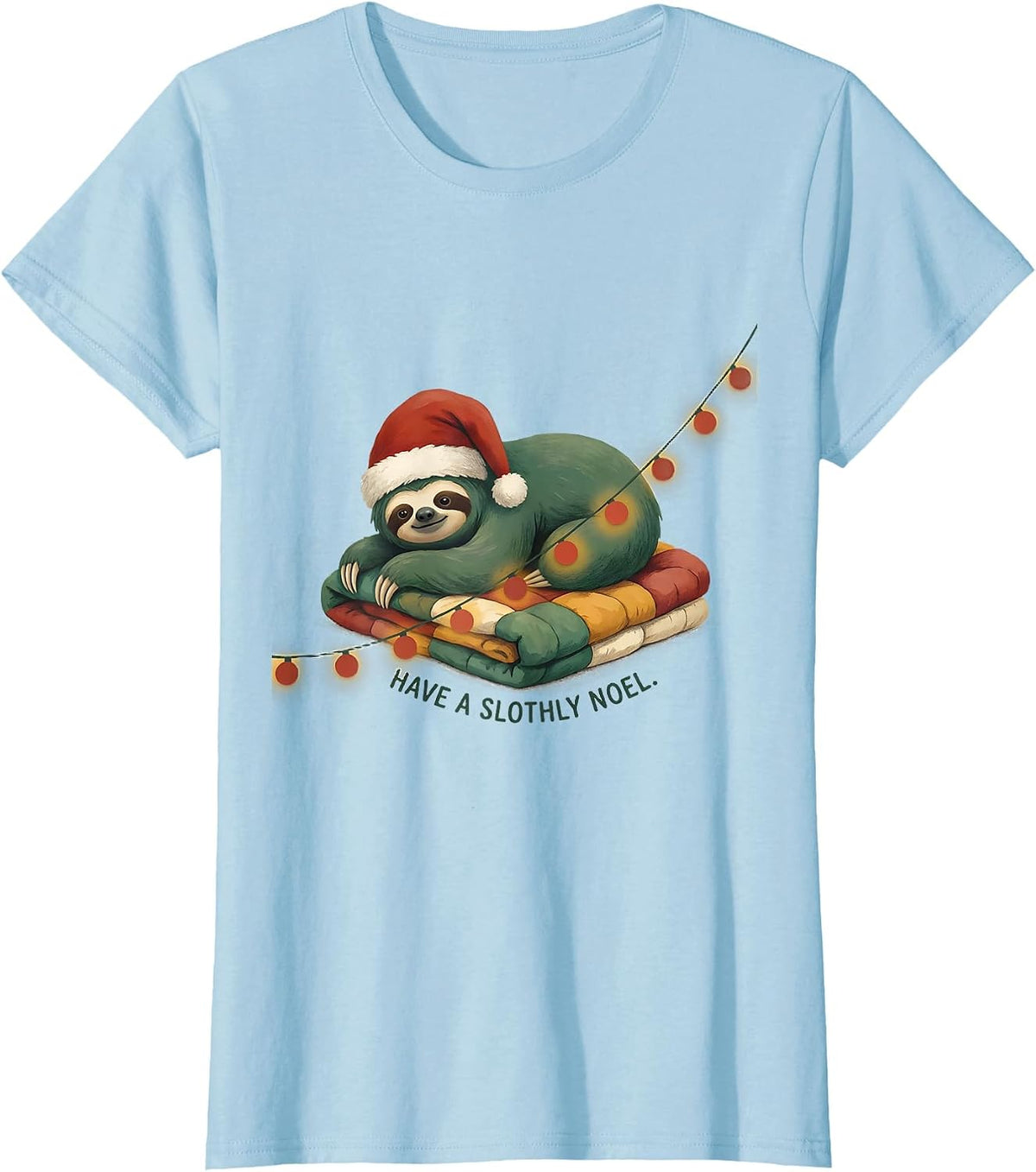Have a Slothly Noel Funny Sloth Christmas Lights Santa Hat T-Shirt - Baby Blue
