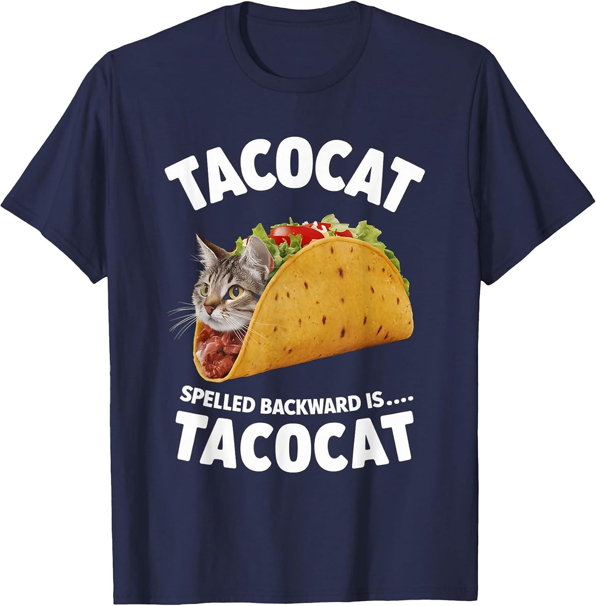 Tacocat Spelled Backward is Tacocat Cat and Taco Lover T-Shirt - Navy Blue