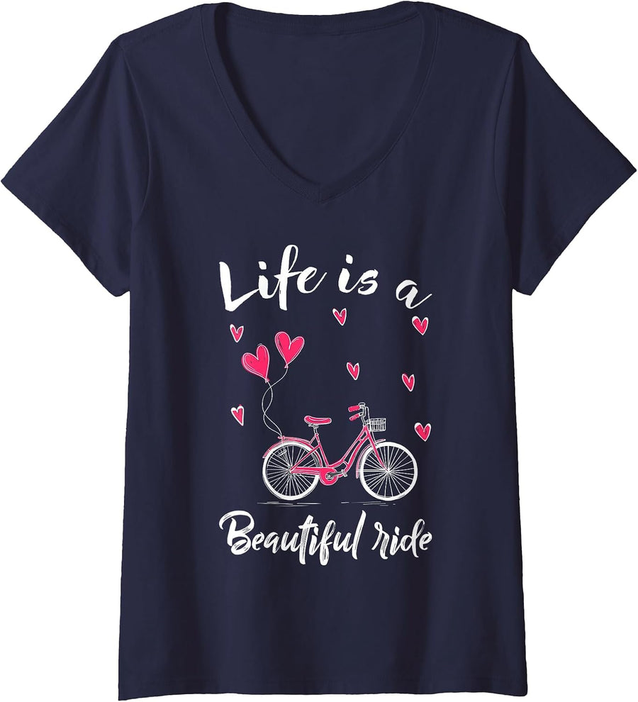 Women's Cycling Life is A Beautiful Ride Bicycle V-Neck T-Shirt - Navy Blue