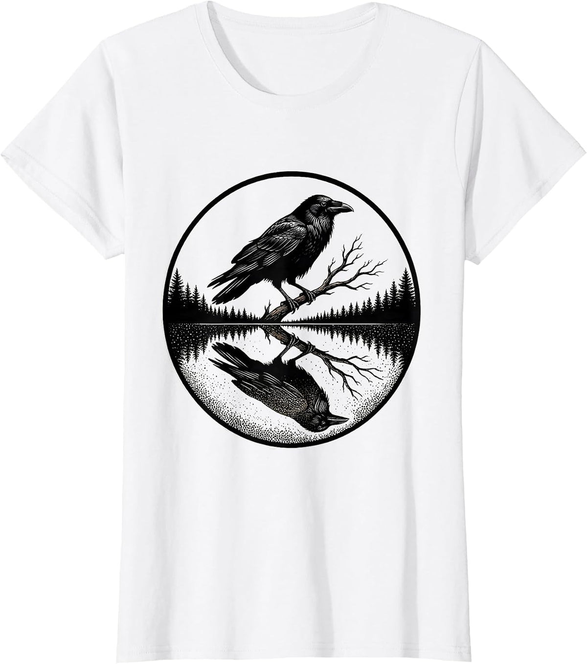 Crow Reflected in Still Forest Pond T-Shirt - White