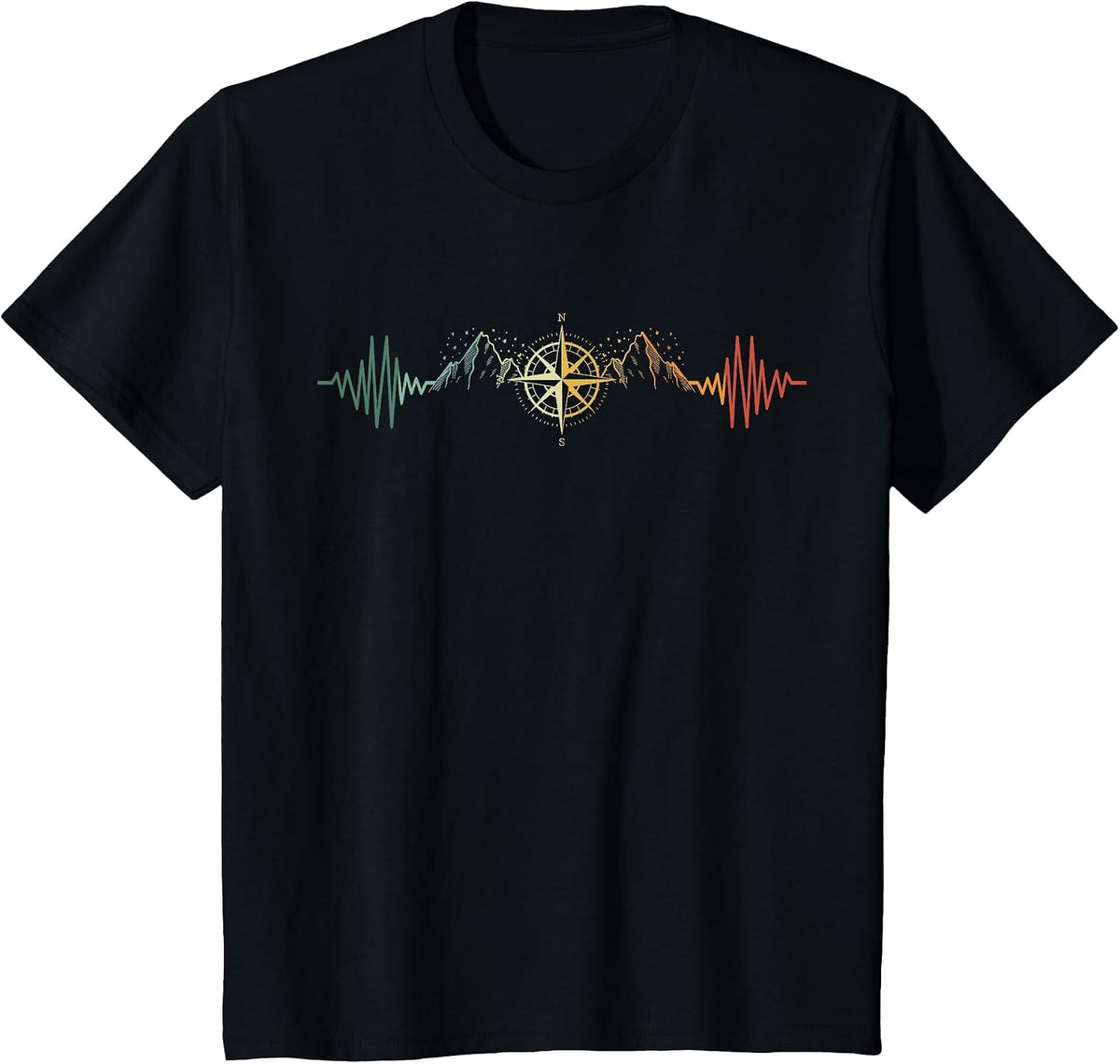 Compass Heartbeat Hiker Trek Outdoor Mountain Climbing T-Shirt - Black
