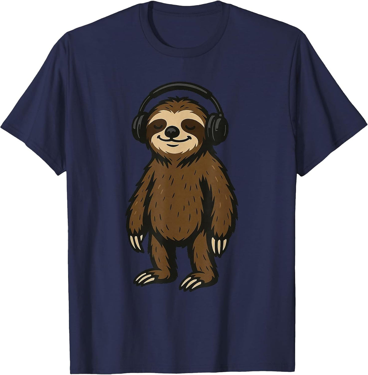 Funny Sloth Wearing Headphones T-Shirt - Navy Blue