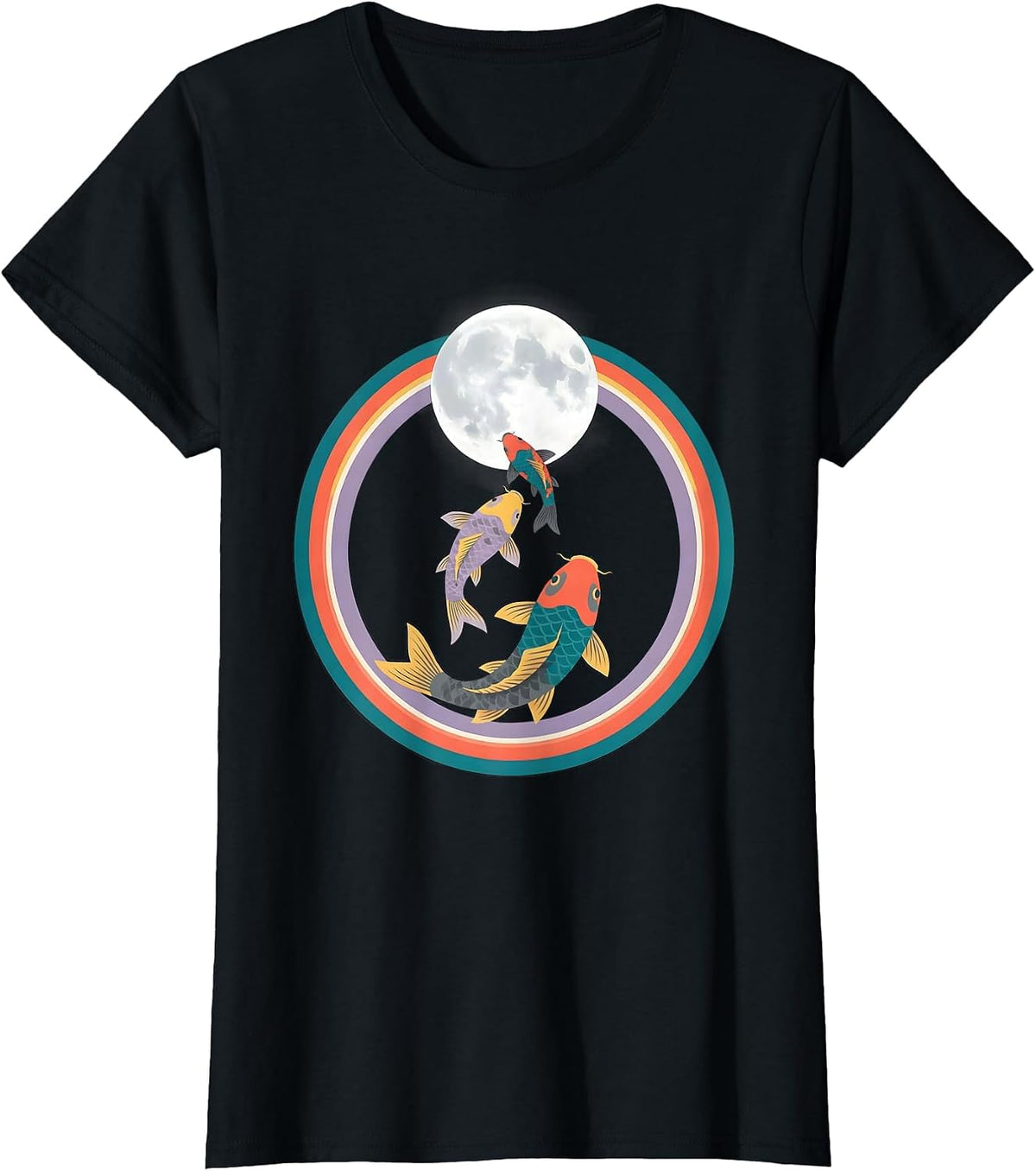 Women's Three Koi Fish Moon Flat Vector Animal Meme Parody T-Shirt - Black