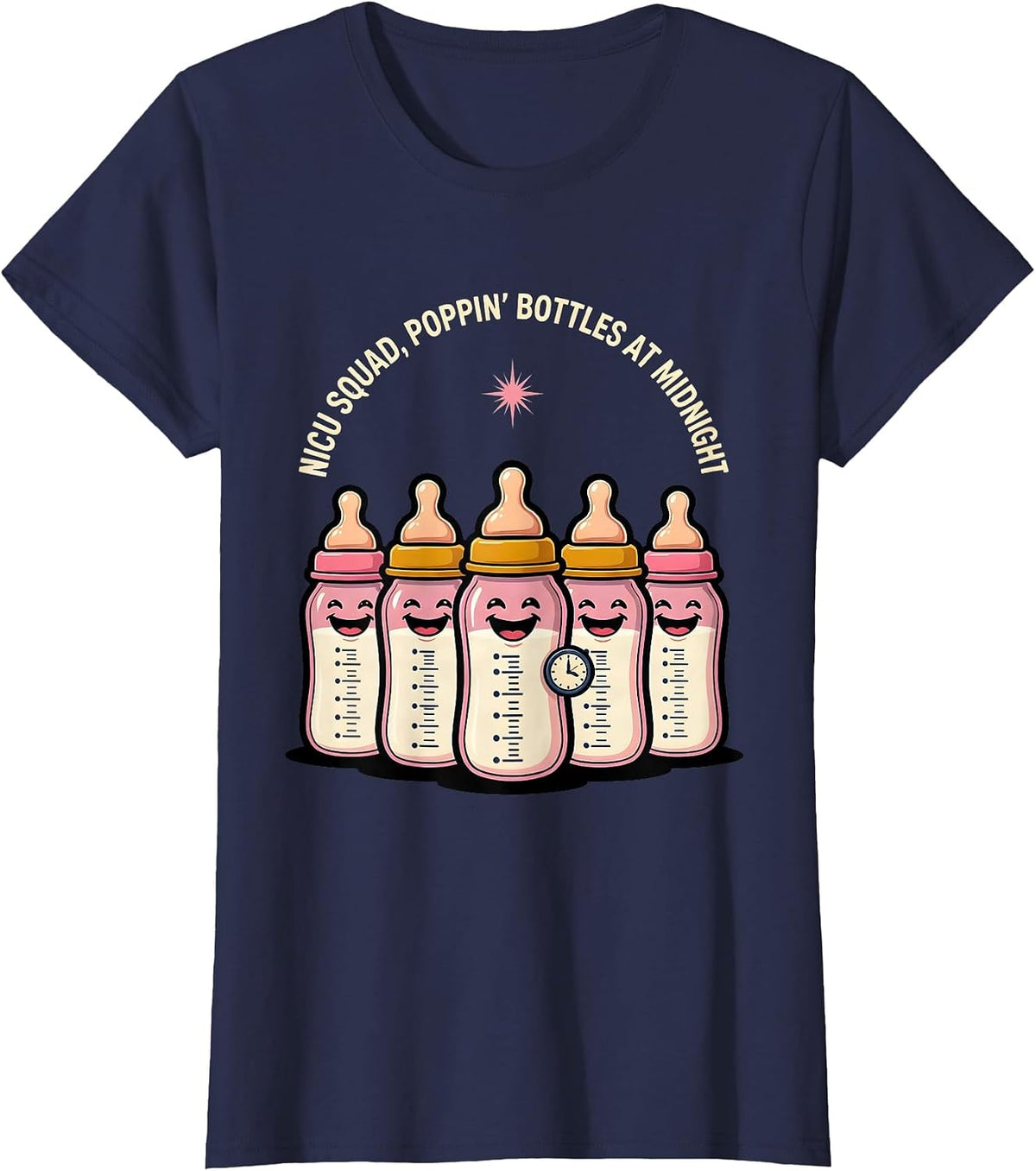 Women's NICU Squad Poppin Bottles At Midnight Nurse T-Shirt - Navy Blue