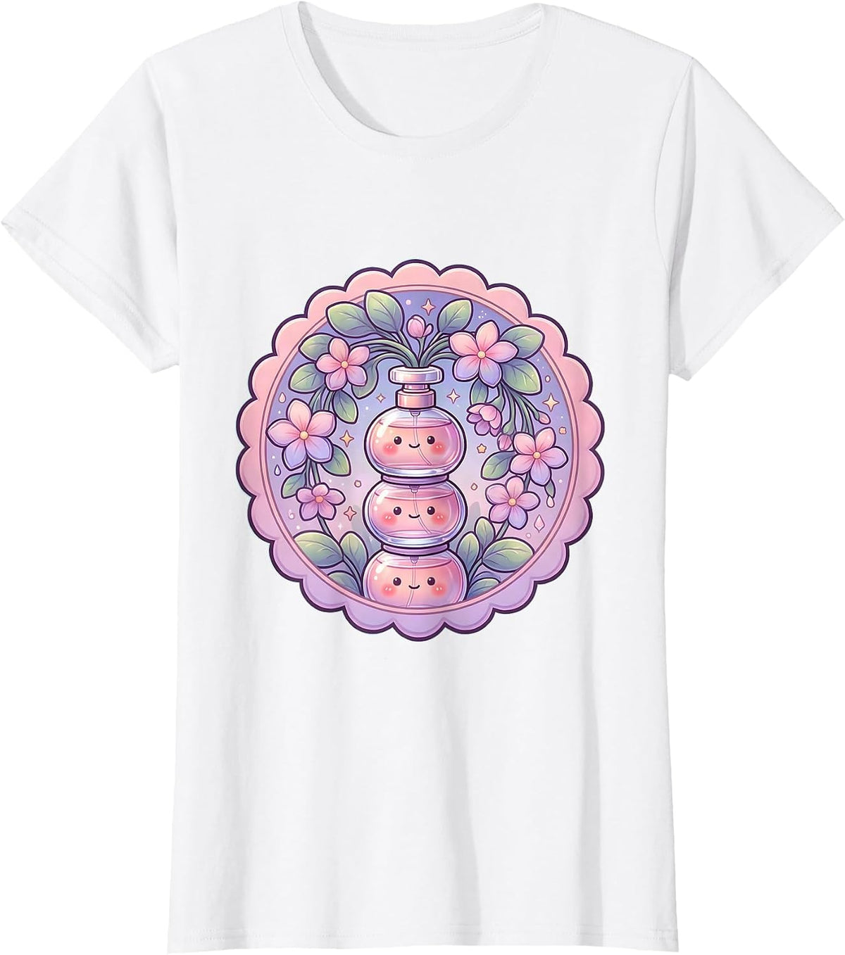 Gigi Perfume Bottles and Cascading Flowers T-Shirt - White