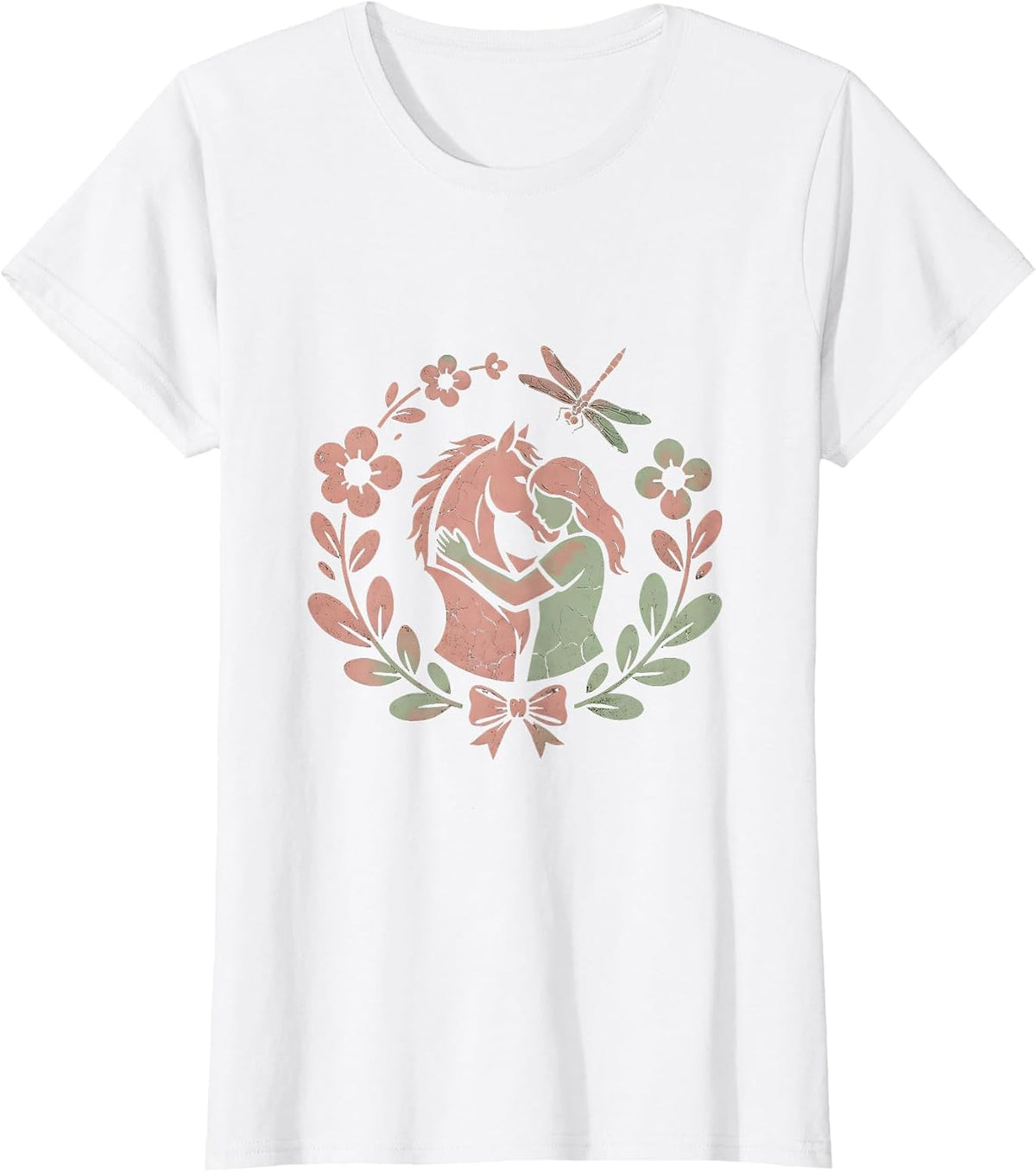 Girl and Horse Stable Embrace Illustration T-Shirt - White