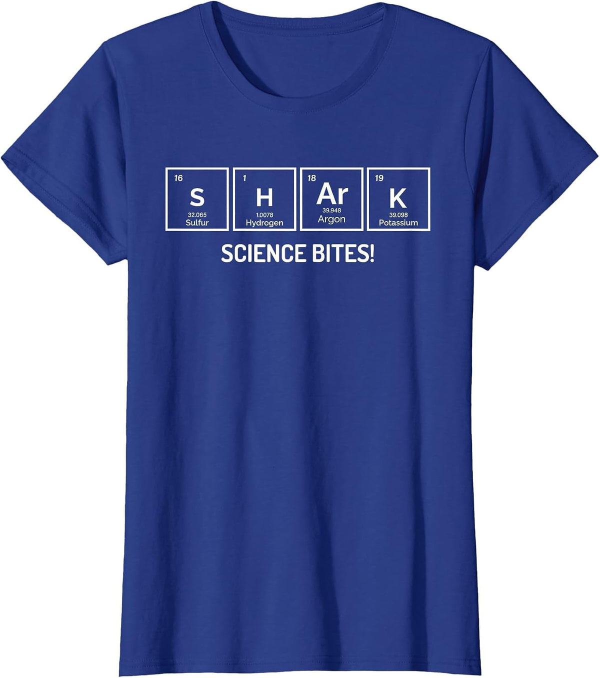 Shark Science Bites Funny Periodic Table Chemistry T-Shirt - Royal Blue