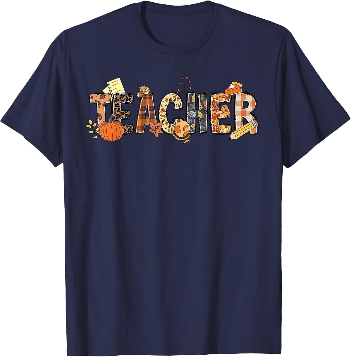 Teacher Thanksgiving Women Autumn Fall Halloween Pumpkin Tee T-Shirt - Navy Blue